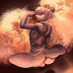 anthro anus backsack balls barely_visible_anus beads brown_background burlesque choker collar deer femboy genitals hi_res jetraraven jewelry looking_back male mammal necklace nude_anthro nude_male rear_view simple_background sitting solo waist_beads wide_hips
