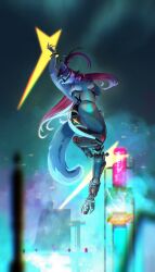 alek_zender alekzender anthro belly breasts canid canine cyberpunk female female_anthro hi_res machine mammal mecha mechanical_leg nipple_outline nipples overweight prosthetic solo solo_focus
