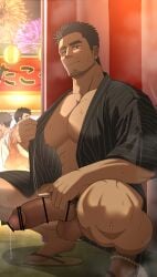 1boy abs balls bara bare_breasts beard_stubble beefy big_areola big_breasts big_glans big_penis bottomless breasts brown_eyes brown_hair censor_bar censored censored_penis cigarette cigarette_smoke collarbone crouching crowd daddy dilf erection festival fireworks foreskin foreskin_folds fundoshi fundoshi_aside gay geta grin happy hi_res holding_cigarette huge_cock hunk inviting japanese_clothes kimono lantern long_penis looking_at_viewer male male_breasts male_only manly mature_male muscles muscular muscular_legs muscular_male muscular_thighs musk musk_clouds mustache_stubble night oppai original original_character oro9 outdoors pecs penis penis_bigger_than_head pointless_censoring precum precum_drip pubic_hair public public_indecency public_nudity quadriceps red_glans rokushaku_fundoshi seductive shadow short_hair six_pack spread_legs squatting steam steaming_body sweat sweatdrop sweating sweaty thick_eyebrows thick_neck thick_penis tough_guy uncircumcised uncut white_fundoshi yaoi yukata
