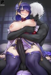 1boy 1boy1girl 1girls ai_generated angry angry_expression angry_face arms_around_partner arms_around_torso arms_wrapped_around_partner balls bangs big_breasts big_penis breasts choker clenched_hand dark-skinned_male erection female genshin_impact grabbing_from_behind hair_ornament highres holding_breast hugging hugging_from_behind interracial licking_nipples long_hair long_sleeves looking_at_partner male male/female on_bed penis penis_between_thighs precum precum_on_penis primosensei purple_clothing purple_eyes purple_hair purple_hair_female purple_nails raiden_ei raiden_shogun sitting_on_lap stockings straight straight_sex thick_thighs thigh_sex thighhighs thighs white_hair_male wide_hips