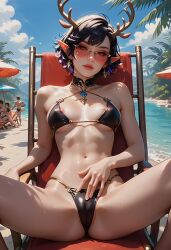 ai_generated antlers artaiminer beach black_hair elf_ears eye_contact female gloves pixie_cut red red_eyes red_gloves seductive_expression short_hair smirk smug_expression teasing usebackdooronly