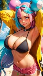 0assult0 1girls ai_generated anime anime_girl armpits arms_behind_back arms_behind_head arms_up attractive beach bikini_top blue_and_pink_hair breasts busty curvy female hair_knot iono_(pokemon) jacket large_breasts looking_at_viewer lovely palm_tree pokemon realistic sea sexy shorts smiling_at_viewer twintails voluptuous