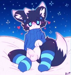 anthro balls bed black_body black_fur blue_eyes blush bodily_fluids bottomless bottomless_anthro bottomless_male cheek_tuft clothed clothing cum domestic_cat facial_tuft felid feline felis femboy fluffy footwear foreskin fur furniture genital_fluids genitals half-closed_eyes happy heart_symbol hi_res inner_ear_fluff legwear looking_at_viewer male mammal narrowed_eyes on_bed pattern_clothing pattern_footwear pattern_legwear pattern_socks penis sitting smile socks solo striped_clothing striped_footwear striped_socks stripes sweater tail topwear tuft white_body white_fur zaaru
