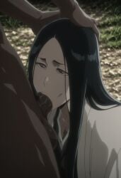 1boy 1girls ai_generated balls, big_penis black_hair black_penis bleach bleach:_the_thousand-year_blood_war blowjob dark-skinned_male dark_skin deepthroat fellatio female hand_on_head hands_on_head haori head_grab kimono large_penis light-skinned_female long_hair oral oral_sex testicles unohana_retsu unohana_yachiru