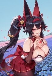 ai_generated black_hair bow cute female fox fox_ears fox_girl fox_tail giselle_(project_qt) hair hair_between_eyes hair_ornament heart heart_gesture japanese_clothes looking_at_viewer nutaku pantyhose project_qt red_bow red_eyes red_hair red_hakama shiny_skin skindentation smile twintails two_tone_hair