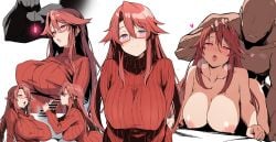 all_fours alternate_eye_color aty_(summon_night) bar_censor batta_16-sei blue_eyes blush breasts breath censored closed_mouth coin coin_on_string collarbone commentary completely_nude covered_nipples curtained_hair dark-skinned_male dark_skin doggy_style drooling empty_eyes erection faceless faceless_male fellatio female glasses grabbing_another's_hair hair_between_eyes half-closed_eyes hand_on_another's_head heart heart-shaped_pupils highres holding_another's_hair hypnosis large_breasts licking licking_penis long_hair long_sleeves looking_at_viewer male mind_control multiple_views nipples nude open_mouth oral parted_bangs penis red-framed_eyewear red_eyes red_hair red_sweater ribbed_sweater rolling_eyes saliva semi-rimless_eyewear sex sex_from_behind sidelocks simple_background smile straight summon_night sweat sweater symbol-shaped_pupils tongue torogao turtleneck turtleneck_sweater upper_body white_background