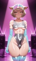 ai_generated blonde_hair breasts bulge_through_clothing dancer dancer_outfit disinterested femboy futanari intersex male penis rave_outfit sanagi_yuzu small_penis thick_thighs thighs underboob wide_hips