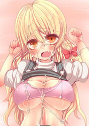 78rr arms_up blonde_hair blush bow bra breasts cum cum_on_body cum_on_breasts cum_on_upper_body facial female hairbow human large_breasts long_hair marisa_kirisame navel open_mouth orange_eyes shirt_lift solo touhou underwear