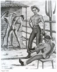 1953 4boys archived_source ass bara boots bulge butt_crack chair cowboy cowboy_hat dated desert gay george_quaintance jeans male male_only monochrome muscular necklace nude original pubic_hair shirtless showering traditional_media undressing yaoi