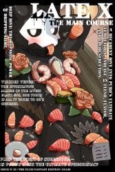 absurd_res anthro balls black_body black_fur black_sclera blush body_sushi canid canine canis changed_(video_game) digital_media_(artwork) dripping food food_fetish food_play fur genitals hair hi_res latex liquid_latex looking_at_viewer male mammal nipples nude penis puro_(changed) sejjdjd29927 solo sushi tail text wolf
