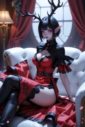 ai_generated antlers beach black_hair elf_ears eye_contact female gloves pixie_cut red red_eyes red_gloves seductive_expression short_hair smirk smug_expression teasing usebackdooronly