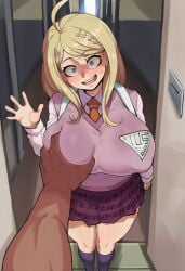 1boy 1girl 1girls ahoge ai_generated akamatsu_kaede bangs big_breasts blonde_hair blush breast_grab breasts closed_eyes clothing danganronpa danganronpa_v3 eighth_note female from_above goghkunn grabbing huge_breasts indoors large_breasts long_hair looking_at_viewer musical_note musical_note_hair_ornament necktie open_mouth pleated_skirt pov purple_eyes purple_skirt school_uniform shirt skirt smile solo solo_focus sweat sweater_vest waving