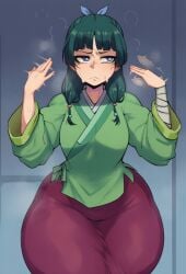 1girl ai_generated bangs big_ass blue_eyes blunt_bangs breath curvy frown goghkunn green_hair huge_ass kusuriya_no_hitorigoto looking_at_viewer maomao_(kusuriya_no_hitorigoto) ribbon skirt sleeves_rolled_up solo sweat thick_thighs wide_hips