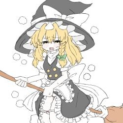 apron black_dress black_hat blonde_hair blush bow bow_panties braid broom broom_riding commentary crotch_rub dot_nose dress female female_masturbation frilled_apron frilled_dress frills fumomono green_ribbons hair_between_eyes hair_ribbon half-closed_eyes hat hat_bow highres holding holding_broom kirisame_marisa masturbation open_mouth panties panty_pull photoshop_(medium) ribbon simple_background solo sweat symbol-only_commentary tearing_up teeth touhou underwear upper_teeth_only white_apron white_background white_bow white_panties witch_hat yellow_eyes