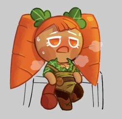 1girls accurate_art_style blush breasts carrot carrot_cookie cleavage cookie_run cookie_run_kingdom eyelashes farmgirl female leaning_back open_shirt orange_eyes orange_hair solo solo_focus steam steamy_breath sweat sweating tagme zxxxarts