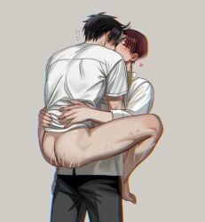2boys ass bare_legs barefoot black_hair black_pants carrying closed_eyes eyepatch feet hyohls2_(hamao3o) male_focus multicolored_hair multiple_boys no_pants pants red_hair sakura_haruka_(wind_breaker) shirt suo_hayato toes white_hair white_shirt wind_breaker_(nii_satoru) yaoi