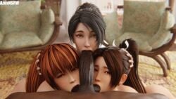 1boy 3d 3girls :>= asian asian_female ass azexnsfw ball_sucking balls black_hair blender blowjob blowjob_face brown_eyes brown_hair cock collaborative_fellatio dark-skinned_male dark_skin dead_or_alive dick fatal_fury fellatio foursome group group_sex hair_ribbon hand_on_head indoors interracial kasumi_(doa) king_of_fighters light-skinned_female light_skin long_hair mai_shiranui male male/female male_pov momiji_(ninja_gaiden) ninja_gaiden nude nude_female on_knees oral orange_hair partial_male penis ponytail pov red_eyes snk straight sucking sucking_balls sucking_penis yellow_eyes