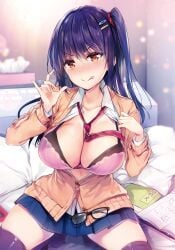 1girls :p ayaka_(yuutousei_ayaka_no_uraomote) bed bed_sheet beige_sweater blue_hair blue_skirt blurry blush bra breasts cardigan cleavage collarbone collared_shirt cover_image depth_of_field female_focus glasses hair_ornament hair_scrunchie hairclip highres hisama_kumako indoors lace lace-trimmed_bra lace_trim large_breasts long_hair long_sleeves loose_necktie miniskirt necktie no_shoes nose_blush notebook novel_illustration official_art open_clothes open_shirt orange_eyes partially_unbuttoned photoshop_(medium) pink_bra pleated_skirt red_necktie red_scrunchie school_uniform scrunchie shirt side_ponytail skirt smile solo spread_legs squatting textless_version thighhighs thighs tissue_box tongue tongue_out underwear untucked_shirt unworn_eyewear v-shaped_eyebrows white_shirt yuutousei_ayaka_no_uraomote zettai_ryouiki