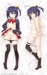 ahoge aqua_eyes arms_behind_back ass bandage black_legwear black_panties blue_hair blush breasts chuunibyou_demo_koi_ga_shitai! daininja dakimakura eye_patch feet female hair_ribbon heterochromia hinoto_hitsuji no_shoes nude open_clothes open_shirt panties panty_pull pussy ribbon school_uniform short_hair side_ponytail skirt skirt_lift smile solo takanashi_rikka thighhighs underwear yellow_eyes