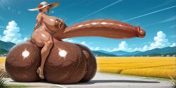 1futa ai_generated balls blue_sky breasts dark_skin female futa_only futanari gigantic_balls gigantic_breasts gigantic_penis gigantic_testicles gray_hair hair_bun huge_breasts huge_cock hyper_balls hyper_penis hyper_testicles intersex mature_female milf muscular muscular_female nipple_piercing nipple_rings penis quad_balls sitting sitting_on_balls sky solo straw_hat summer testicles