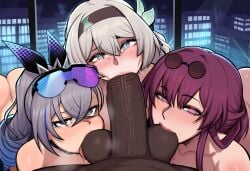 1boy 3girls ass bedroom_eyes bottomless charlotteanon collaborative_fellatio dark-skinned_male fellatio female firefly_(honkai:_star_rail) half-closed_eyes honkai:_star_rail hoyoverse kafka_(honkai:_star_rail) male nude nude_female pov_eye_contact saliva silver_wolf_(honkai:_star_rail)