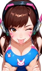 ai_generated breast_grab d.va guided_breast_grab looking_at_viewer overwatch pov swimsuit tongue_out winking winking_at_viewer