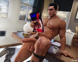 1boy 3d 3d_(artwork) 3d_artwork abs balls batman_(bruce_wayne) big_chest big_pecs censored censored_genitalia censored_penis clark_kent dc deathstroke erect erect_cock erect_dick erect_penis erection foreskin gay glasses hairy_legs hanging_balls happy_trail heavy_balls looking_at_magazine magazine male male_only muscles naked naked_male nightwing nipples nude nude_male office office_clothing pants_on_floor penis porn_magazine pubes shiny_body six_pack socks_on solo solo_male superman superman_(clark_kent) sweaty_body tie uncircumcised uncircumcised_penis white_shirt yaoi zireael zireaelwow