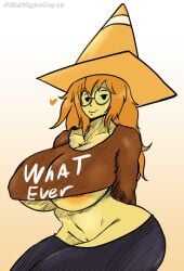 1girls areolae_slip becca_(stob_nsfw) breasts clothed_female cone_hat female hat hips long_hair midnightguy19 mob_face nipple_bulge nipple_slip orange_hair roblox robloxian round_glasses smug solo solo_female text_on_clothing thick_thighs thighs underboob yellow_body yellow_skin