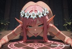 ai_generated all_fours areolae ass bangs bare_shoulders blush breasts completely_nude elf elf_ears elf_female elf_girl erect_nipples erection female female female_only hair_flower hentaipresident large_breasts long_hair looking_at_viewer magic medium_breasts nipples nude nude_female open_mouth original outdoors outstretched_arms piercing pink_hair plant pointy_ears saliva smile solo tattoo teeth tongue tongue_out tongue_piercing top-down_bottom-up