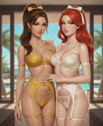 2girls ai_generated armband bangle blurred_background bow_bra brunette_female brunette_hair caramel-skinned_female earrings garter_belt garter_straps ginger_hair hair_over_shoulder hair_ribbon hand_around_waist hand_on_another's_shoulder holding_partner hoop_earrings lace_bra light-skinned_female lingerie looking_at_viewer loose_hair lounge_chair palm_leaf ponytail poolside red_hair resort rgomez007 seductive_smile skimpy_panties slender_body small_breasts stable_diffusion thick_lips