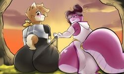 absurd_res anthro armor ass big_butt big_tail blush bodysuit breastplate canid canine canis clothing clothing_pull domestic_dog duo embarrassed g-string gecko hair hair_bun heart_(marking) hi_res huge_tail i_will_dance_only_if_the_beat_is_funky lizard looking_back male male/male mammal markings reptile scalie shiba_inu skinsuit spitz sunset tail tight_clothing tongue tongue_out touching_butt translucent twin_buns underwear
