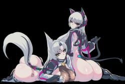 2girls animal_ears ass bottomless clone cws1122uu female female_only fox_girl jacket_only tail