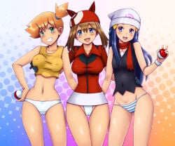 3girls arm_around_waist asymmetrical_hair bandana bare_shoulders beanie blue_eyes blue_hair blush bracelet breast_grab breasts brown_hair busty cameltoe clothing covered_navel crop_top dawn_(pokemon) female female_only fundoshi gloves grabbing grabbing_another's_breast green_eyes grin groin groping group hair_ornament hand_on_hip hand_on_own_hip hat headwear holding holding_object impossible_clothes jewelry kasumi_(pokemon) large_breasts long_hair looking_at_viewer may_(pokemon) medium_breasts midriff misty_(pokemon) multiple_girls navel neckwear no_pants open-mouth_smile open_mouth orange_hair panties pantsu pokemon ponytail purple_eyes red_neckwear red_scarf revealing_clothes scarf shirt short_hair side_ponytail sleeveless sleeveless_shirt small_breasts smile standing striped striped_panties striped_underwear tank_top taut_clothes thigh_gap thighs tied_hair traditional_clothes tsumitani_daisuke underwear wafuku white_panties white_underwear