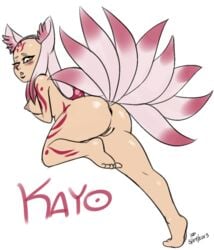 animal_ears anus ass bald_spot blush breasts character_name dark_nipples dated female forehead_mark fox_ears fox_tail hair kayo_(pyorno) large_breasts multiple_tails nano_(artist) nipples nude oc_character) original pink_hair pussy running solo tail tattoo wink yellow_eyes