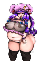 areolae big_belly black_legwear blush choker crescent elazuls-core fat female frills hat huge_breasts large_areolae lips lipstick long_hair navel nightgown nipples overweight panties patchouli_knowledge puckered_lips puffy_nipples purple_eyes purple_hair see-through slightly_chubby solo thick_thighs thighhighs touhou