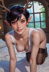 ai_generated antlers artaiminer black_hair cute elf elf_ears female provocative_pose red_eyes seductive seductive_expression short_hair suggestive sultry teasing usebackdooronly