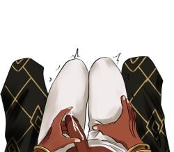 brown_skin clothed clothed_male clothing cum cum_drip curt_(date_everything) curt_chaffon_(date_everything) dark_skin date_everything male no_visible_face pants_pulled_down penis penis_grab rod_(date_everything) semen shaking shaking_legs shaking_lines teasing teasing_penis thighs