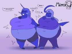 2girls absol bbw big_breasts blueberry_inflation breasts chubby cleavage commission commissioner_upload duo elizabeth_(anascarfan2) female female_only fur_turning_blue furry huge_breasts inflation mirrorgs morgan_(anascarfan2) nintendo overweight pokemon pokemon_(species) samurott sequence skin_turning_blue tagme thick_thighs wide_hips