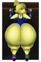 1girls ass ass_bigger_than_head back_view big_breasts blue_shirt bottomless breasts caked_up cup0fcoffeensfw dat_ass fat_ass fat_thighs female fingerless_gloves forsaken_(roblox) looking_back mob_face noob_(forsaken) noob_(roblox) roblox roblox_game robloxian scene_noob smile solo solo_female thick_thighs thighs watermark yellow_body yellow_hair yellow_skin