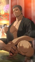 1boy abs balls bara bare_breasts beard_stubble beefy big_areola big_breasts big_glans big_penis bottomless breasts brown_hair censor_bar censored censored_penis cigarette cigarette_smoke closed_eyes collarbone crouching crowd daddy dilf festival fireworks flaccid foreskin foreskin_folds fundoshi fundoshi_aside gay geta grin half-erect happy hi_res holding_cigarette huge_cock hunk inviting japanese_clothes kimono lantern long_penis male male_breasts male_only manly mature_male muscles muscular muscular_legs muscular_male muscular_thighs musk musk_clouds mustache_stubble night oppai original original_character oro9 outdoors pecs penis pointless_censoring pubic_hair public public_indecency public_nudity quadriceps red_glans rokushaku_fundoshi seductive shadow short_hair six_pack spread_legs squatting steam steaming_body sweat sweatdrop sweating sweaty thick_eyebrows thick_neck thick_penis tough_guy uncircumcised uncut white_fundoshi yaoi yukata