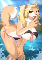 absurd_res anthro areola areola_slip ass beach big_breasts big_butt bikini breasts canid canine canis clothed clothing collarbone dipstick_tail eyebrows eyelashes eyelashes_through_hair female hair hako_niwashi hi_res huge_breasts mammal markings outside sea solo swimwear tail tail_markings translucent translucent_hair two-piece_swimsuit water wolf