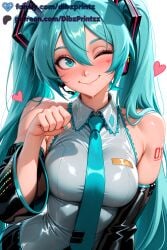 1girls ;) ai ai_assisted ai_generated anime aqua_eyes aqua_hair aqua_nails aqua_necktie artist_name bare_shoulders black_skirt black_sleeves blush breasts closed_mouth collared_shirt detached_sleeves dibzprintz fansly grey_shirt hair_between_eyes hair_ornament hatsune_miku headset heart hi_res high_quality high_resolution highres large_breasts long_hair looking_at_viewer medium_breasts nail_polish necktie number_tattoo oerba_yun_fang one_eye_closed patreon_username paw_pose shirt simple_background skirt sleeveless sleeveless_shirt smile solo sweat tattoo twintails upper_body very_long_hair vocaloid watermark white_background