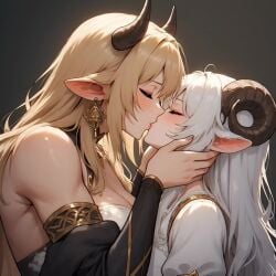 ai_generated ai_voice_acted blonde_hair blush clothed_female cow_girl earrings female_only happy height_difference horns kissing large_breasts married_couple monster_girl romantic_couple sheep_girl smile tagme video white_hair wholesome wife_and_wife yuri