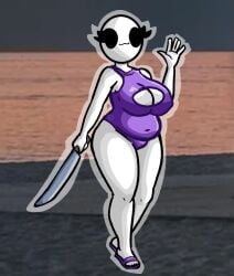 1girls :3 bald bald_female beach black_eyes breasts chetoh chubby chubby_female claire_(chetoh) cleavage cleavage_cutout dusk egg female female_focus female_only holding_knife holding_object knife looking_at_viewer oc one_piece_swimsuit original original_character photo_background purple_bikini sandles smile smiling smiling_at_viewer waving waving_at_viewer waving_hand white_body