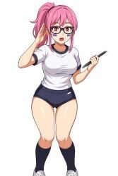 ai_generated buruma curious face_markings female glasses gym_clothes gym_uniform not_porn pencil pink_eyes pink_hair pinku_(oc) ponytail school_gym_uniform young younger_female