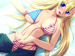 1girls 800x600 american_flag american_flag_bikini anetea anetea!? bb bed bikini blonde_hair blue_eyes blush breasts female flag_bikini flag_print large_breasts lying nora_freeman nora_freeman_misora pointy_chin rapapuru side-tie_bikini smile solo swimsuit tajima_yoshikazu