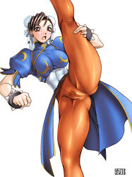 arikawa ass blush breasts brown_hair chun-li female female_only highres human no_panties open_mouth pantyhose pubic_hair pussy solo spread_legs straight_hair street_fighter surprised uncensored upskirt