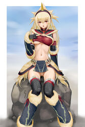 alternate_color blonde_hair breasts capcom color erect_nipples female gloves highres horn horns jewelry kirin_(armor) long_hair monster_hunter monster_hunter_frontier navel nipples no_panties pussy pussy_juice rasukaru red_eyes rock solo thighhighs tubetop underboob