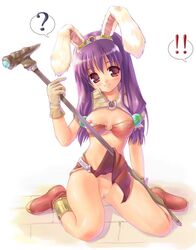 ? akamaru animal_ear blush bunny_ear censored fantasy footwear gloves kneeling mage mage_(ragnarok_online) midriff nipple_slip nipples pink_eyes purple_hair pussy ragnarok_online rod sitting skirt skirt_lift socks staff tied_hair twintails