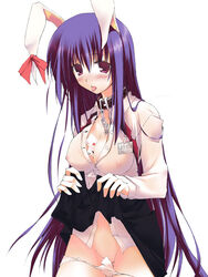 between_breasts blush breasts bunny_ear card card_between_breasts cards cleavage collar gisyo large_breasts long_hair object_between_breasts panties panty_pull purple_eyes purple_hair reisen_udongein_inaba see-through skirt skirt_lift tongue touhou underwear very_long_hair